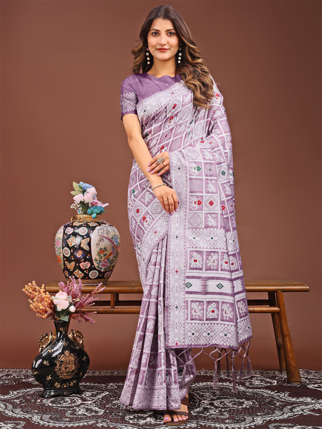 KALINI Checked Zari Linen Cotton Saree With Unstitched Blouse Peice