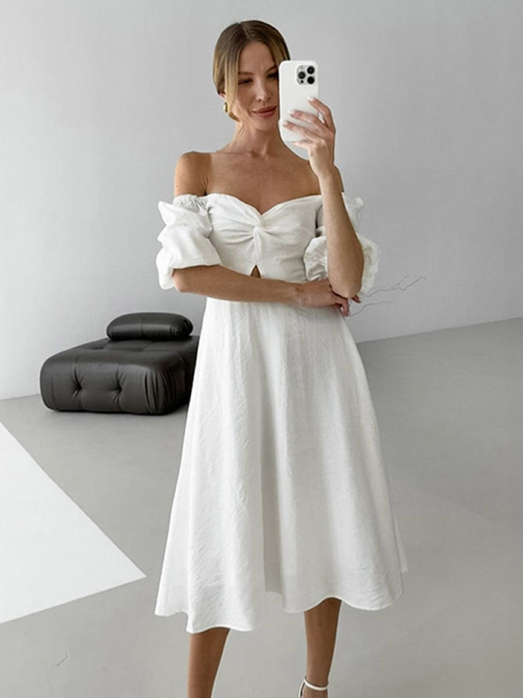 bebe White Off-Shoulder Twist Front A-Line Midi Dress