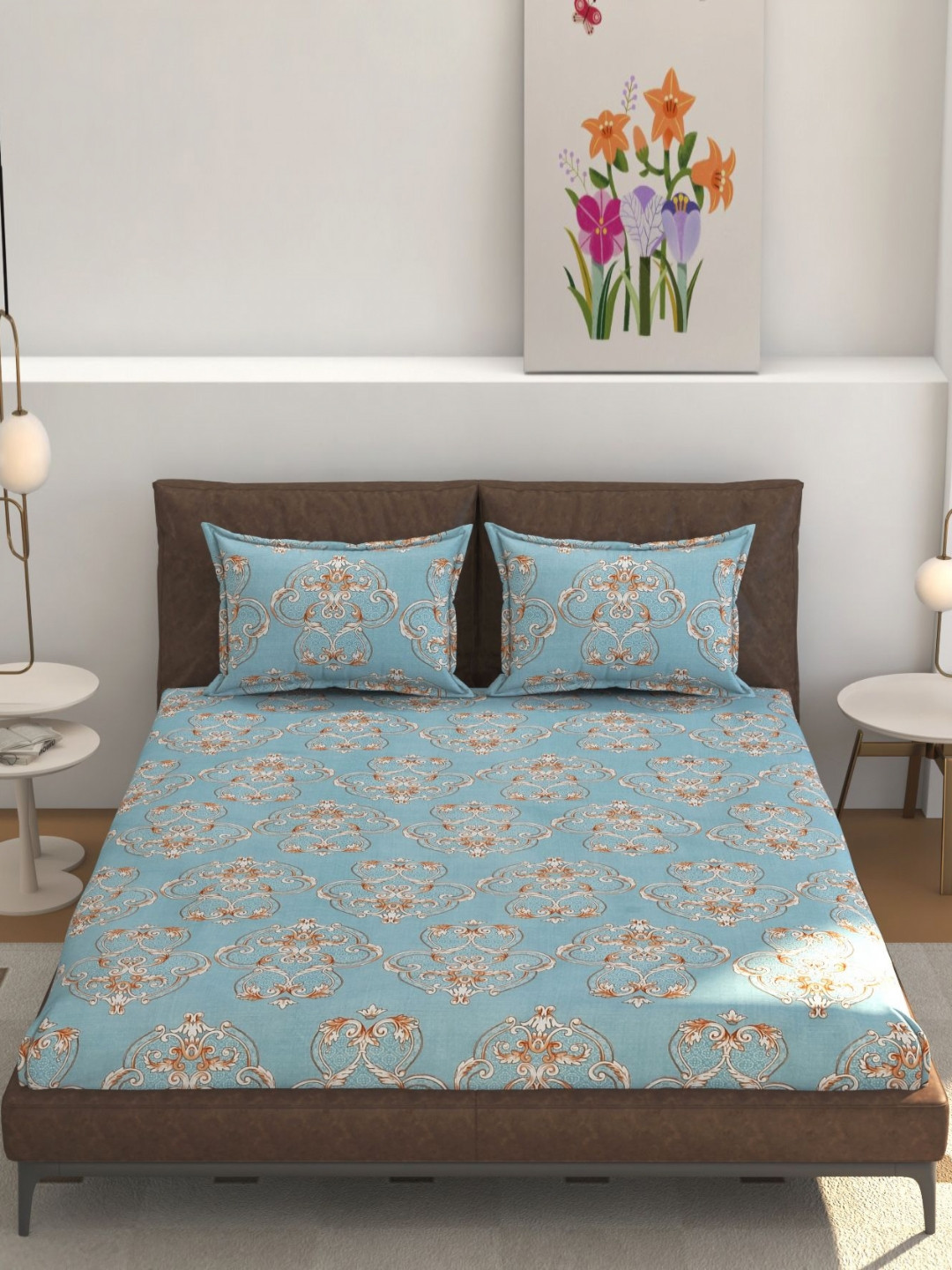 MOGNE FAB Blue Floral Cotton 210 TC Fitted King Bedsheet with 2 Pillow Covers-90 x 100 inches