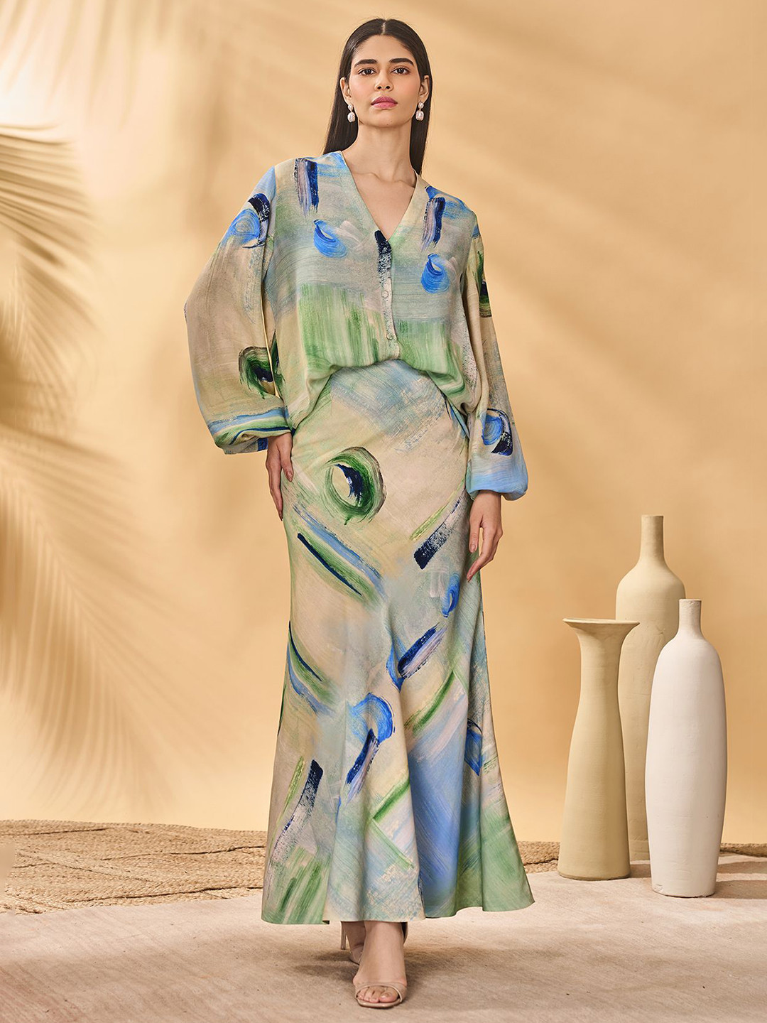 Masaba Women Whirl wind Print Bishop sleeve Pure Silk Top