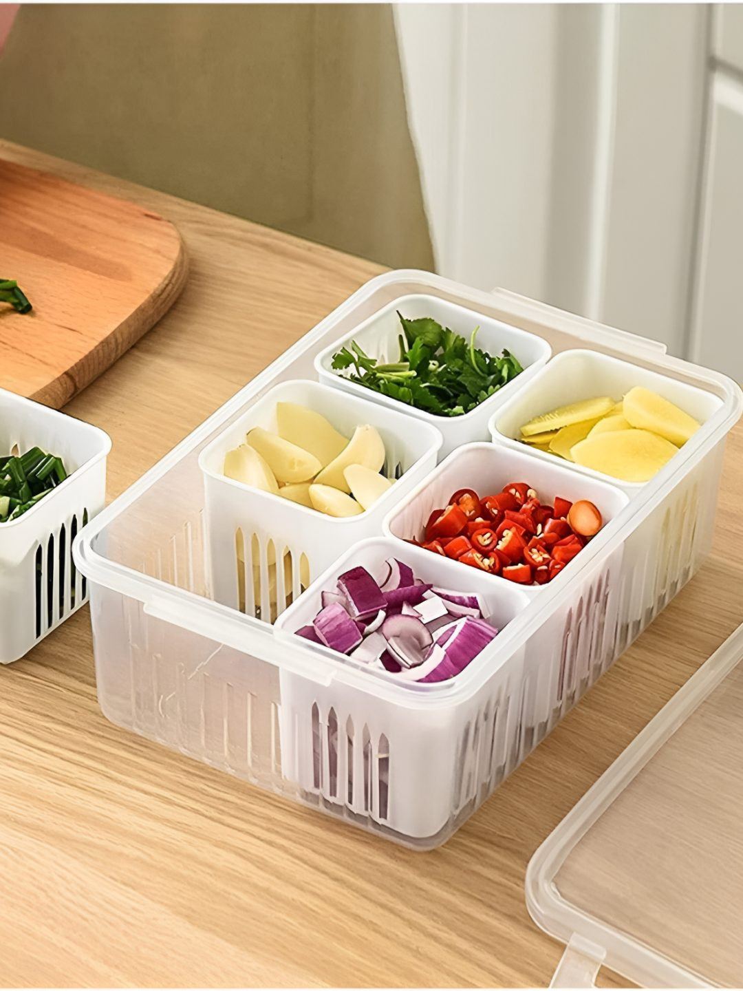 Deodap White Striped Plastic Flip Top Fridge Container