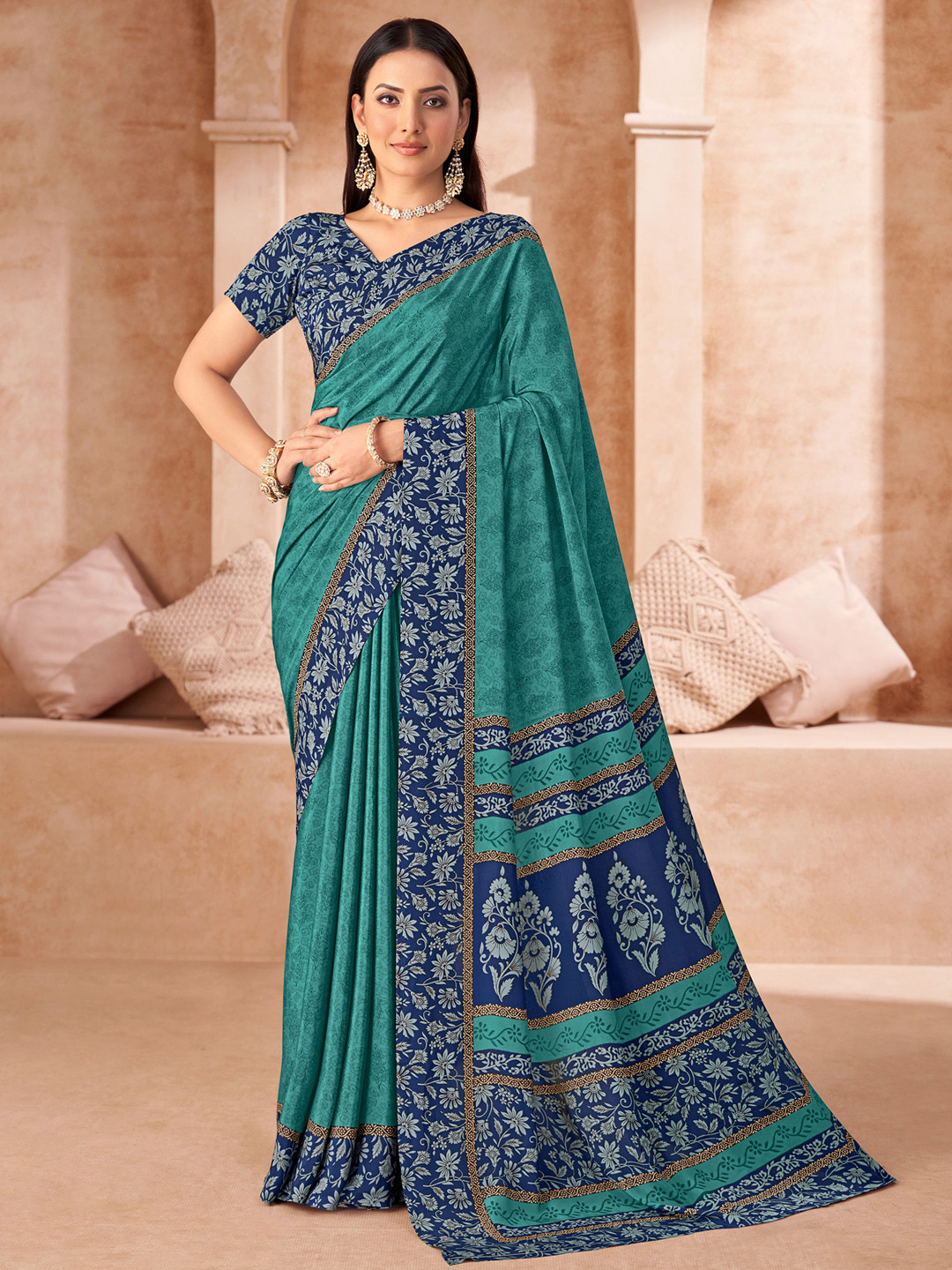 KALINI Light Blue Crepe  Printed Daily Wear Saree