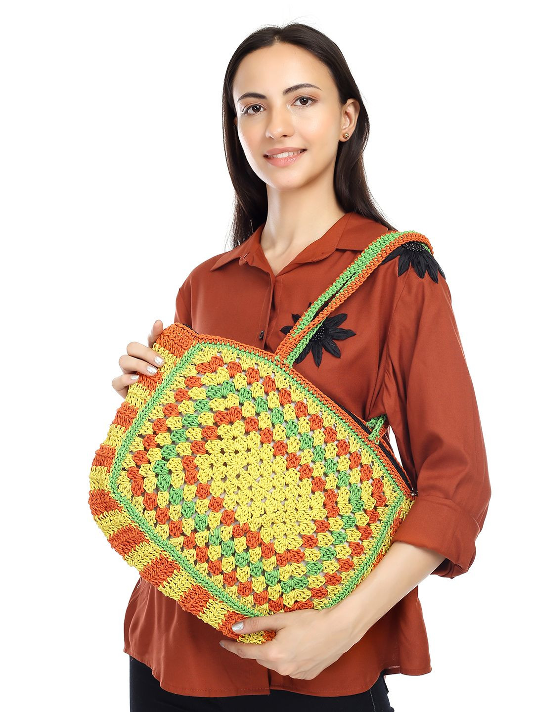 ITIHASIKALA Ethnic Motifs Striped Structured Cotton Crochet Tote Bag