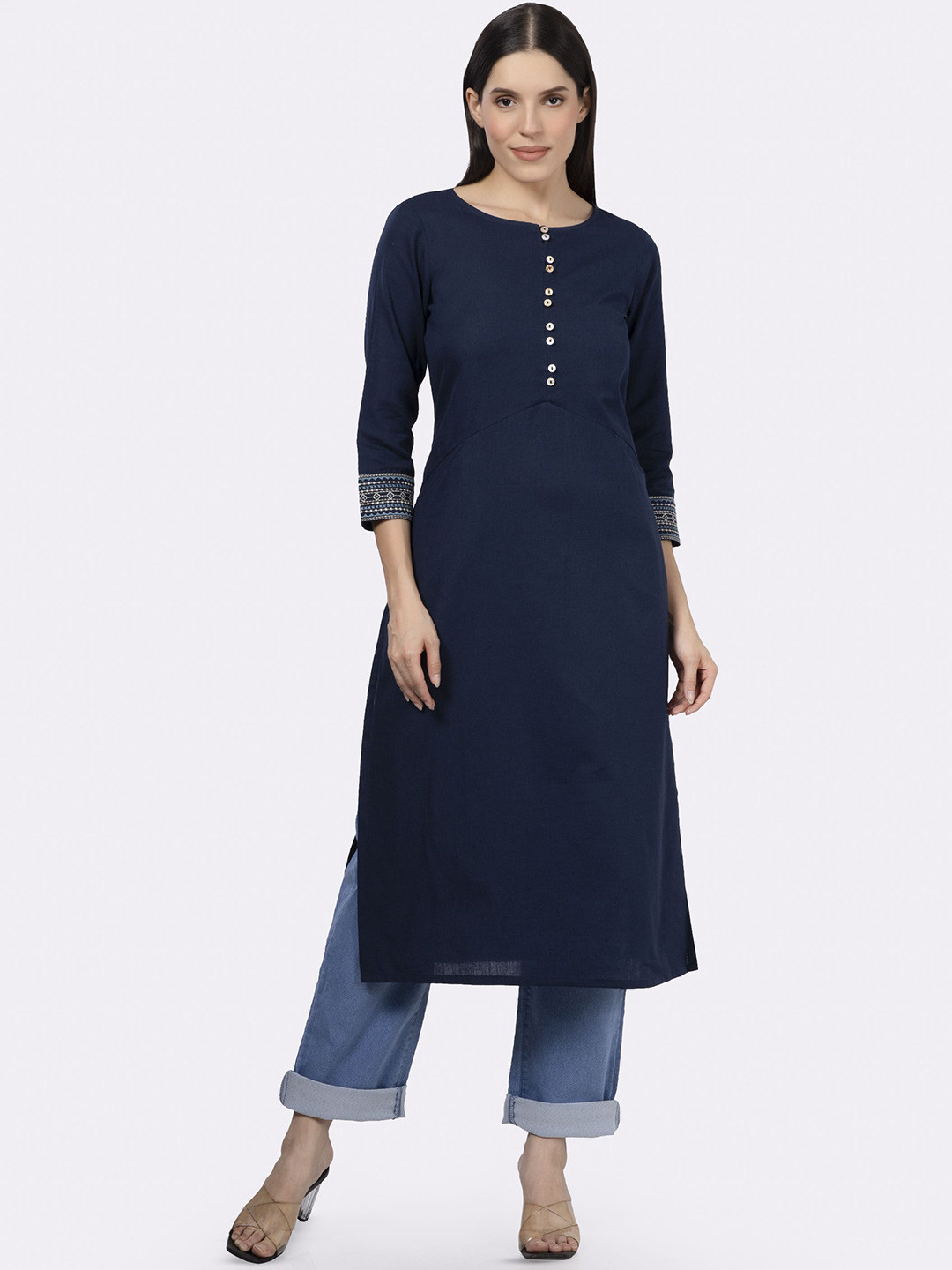 Saffron  Women Solid Cotton Kurta with Pockets & Sleeve Embroidery