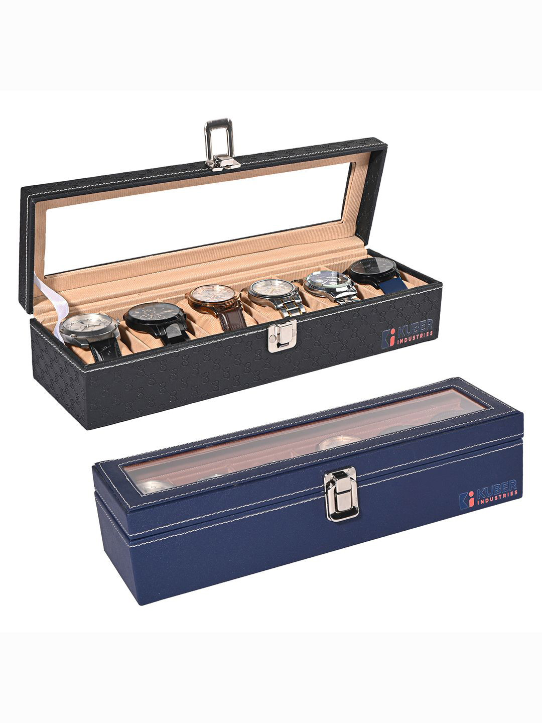 Kuber Industries Men 2Pcs 6-SlotsNavy Blue & Black Premium Wrist Watch Organiser Box
