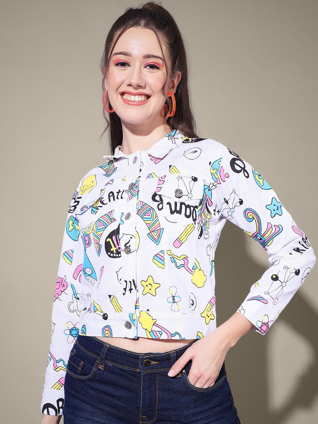 QIOA Women Graphic Printed Toko Twill Lightweight Crop Denim Jacket