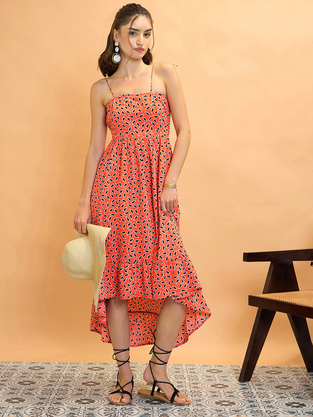 CORSICA Printed Lace-Up Back Cut-Out A-Line Midi Dress