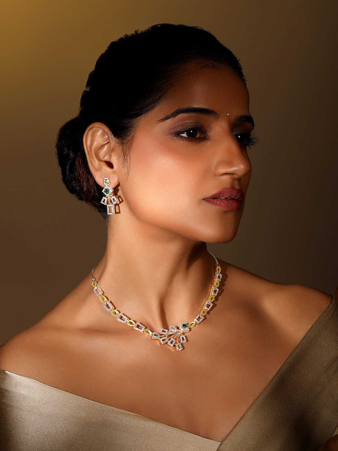 ASMITTA JEWELLERY 22 KT Gold Plated Cubic Zircon & American Diamond Studded Jewellery Set