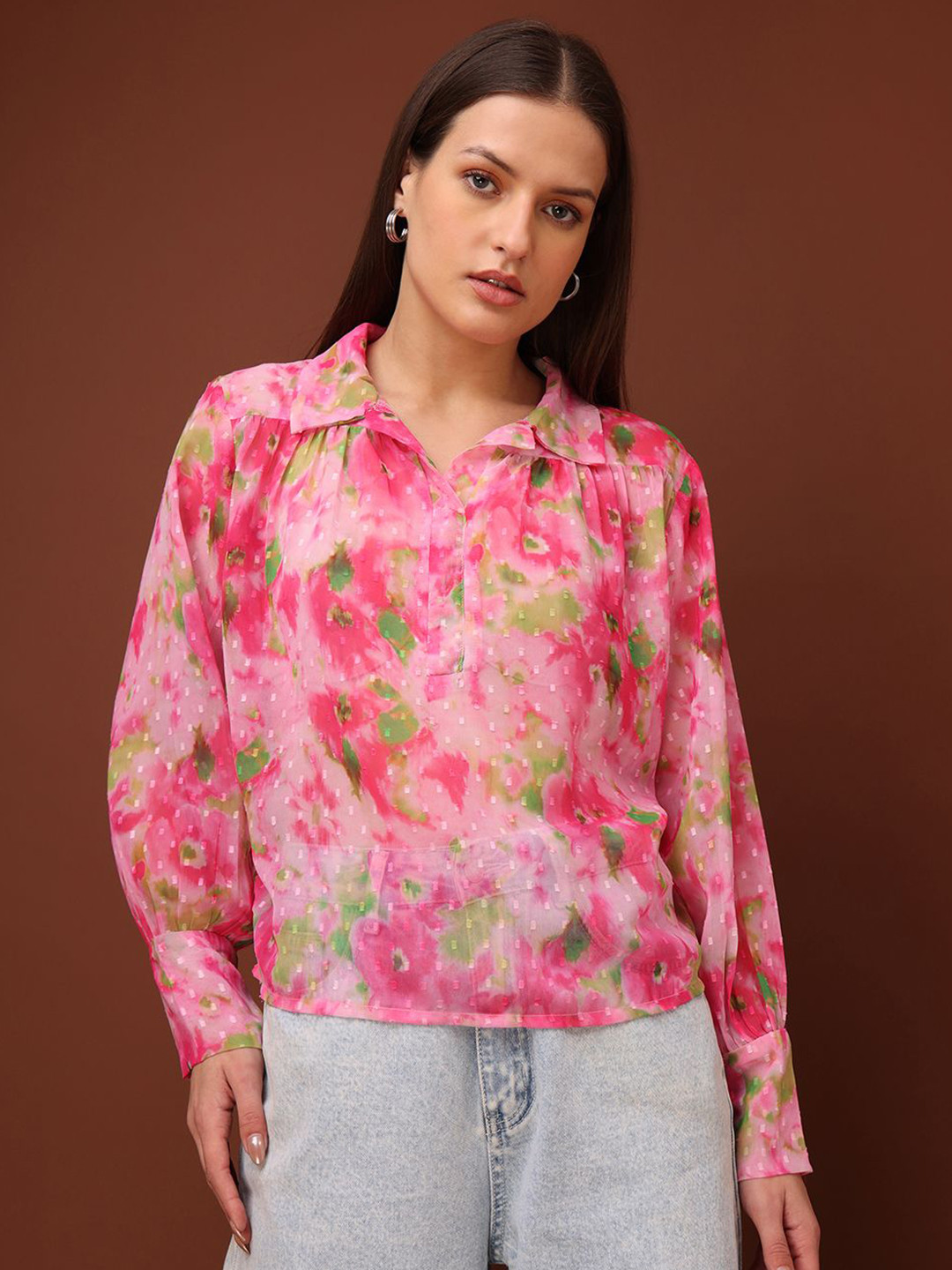 PURVAJA Breeze & Buti Women Printed Pink Georgette Shirt Style Top
