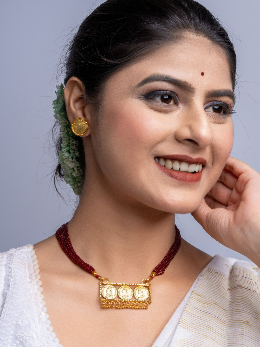 Look and Adorn Gold Plated Victorian Coin Pendant Necklace Set with Earrings