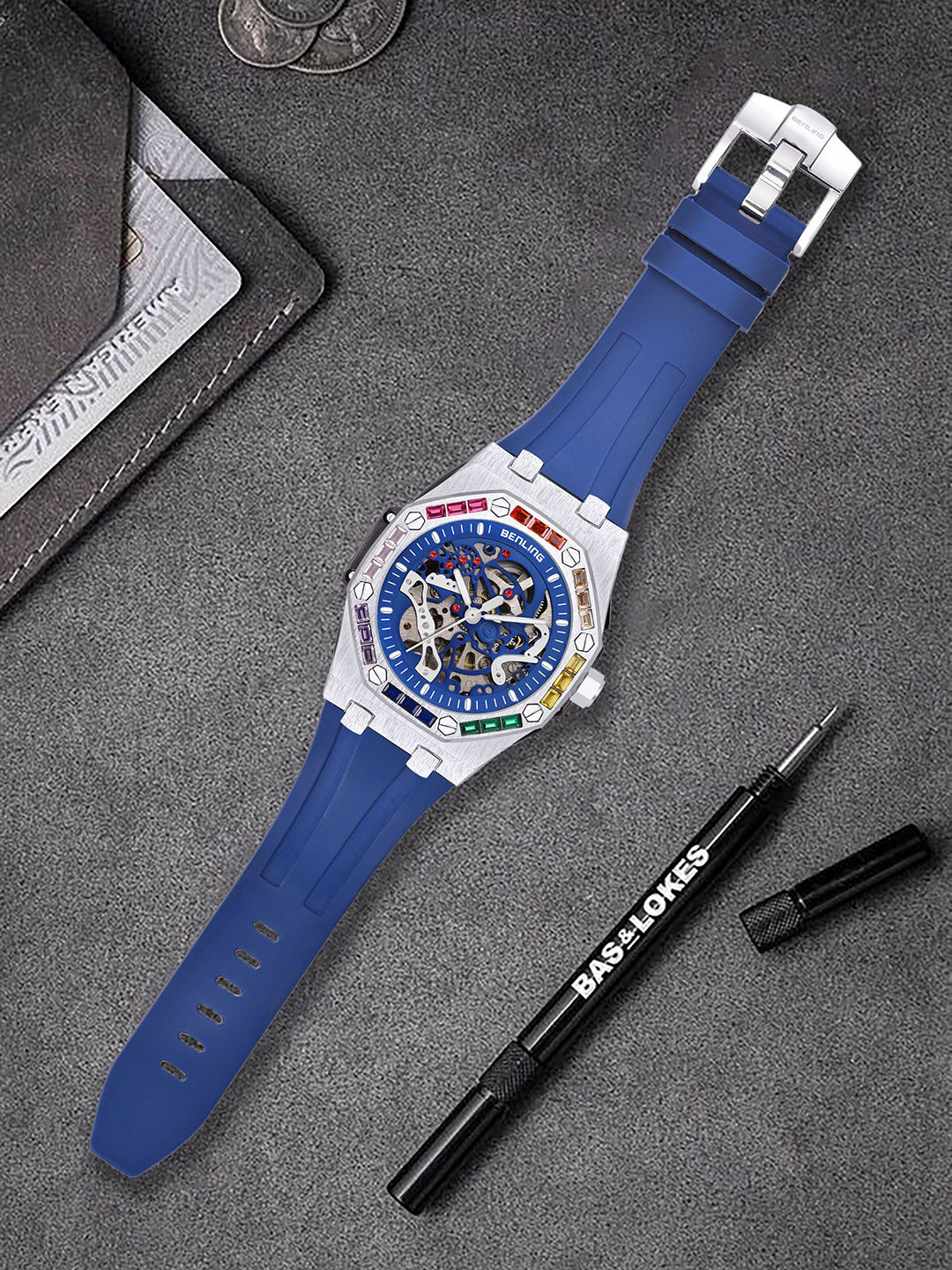 BENLING Men Straps Analogue Automatic Motion Powered Watch BENL-0005-SLVRBLU