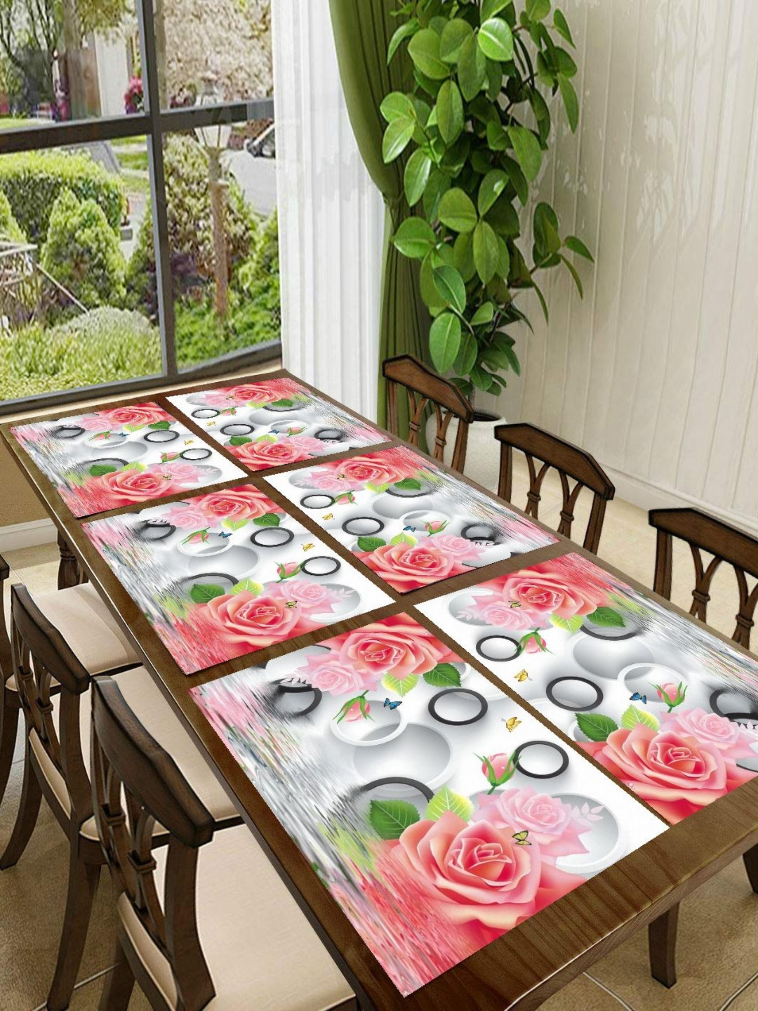 Aura 6Pcs White & Pink Printed Table Placemats