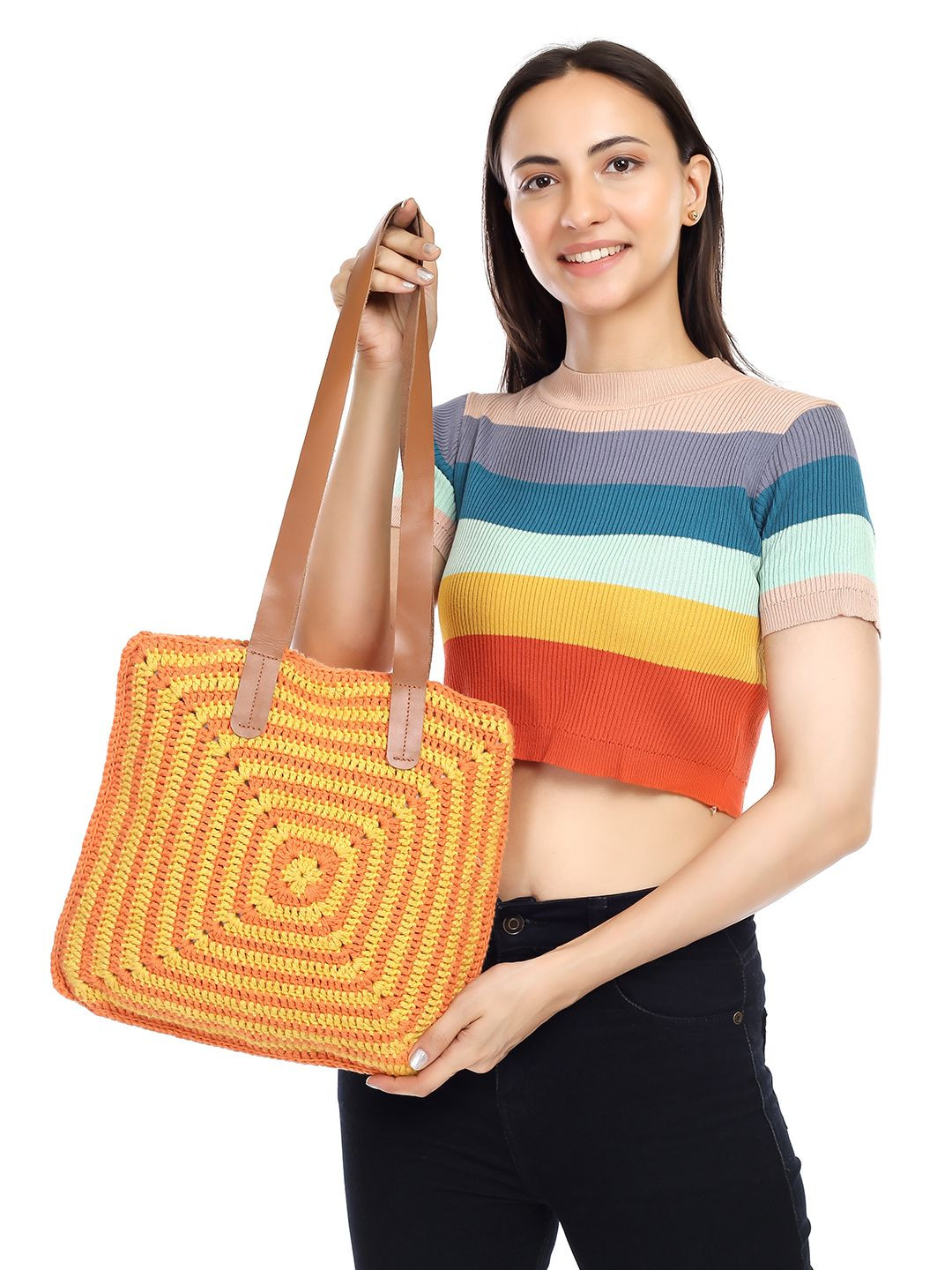 ITIHASIKALA Geometric Crochet Structured Cotton Tote Bag