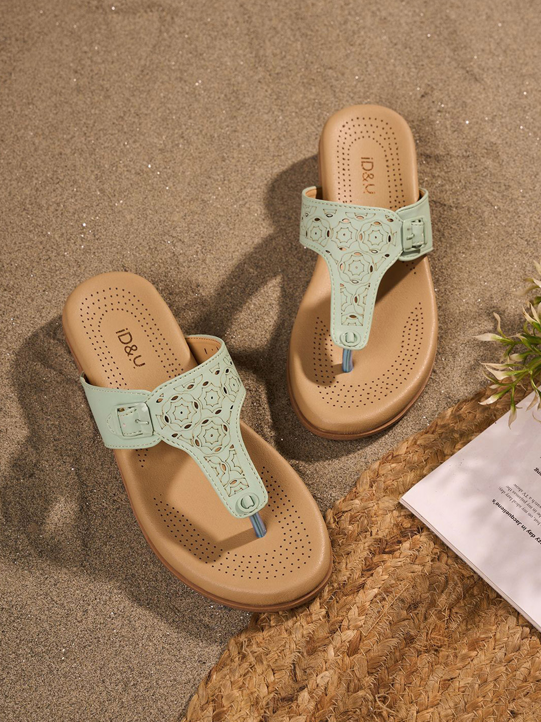 ID Women Textured T-Strap Flats