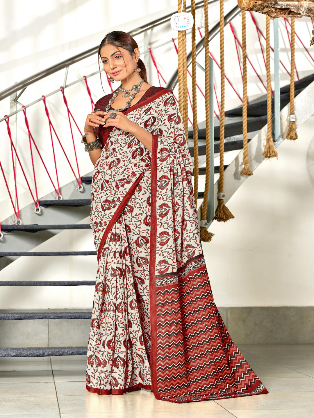 Panzora Mulmul Cotton Hand Block Printed Saree With Blouse Piece