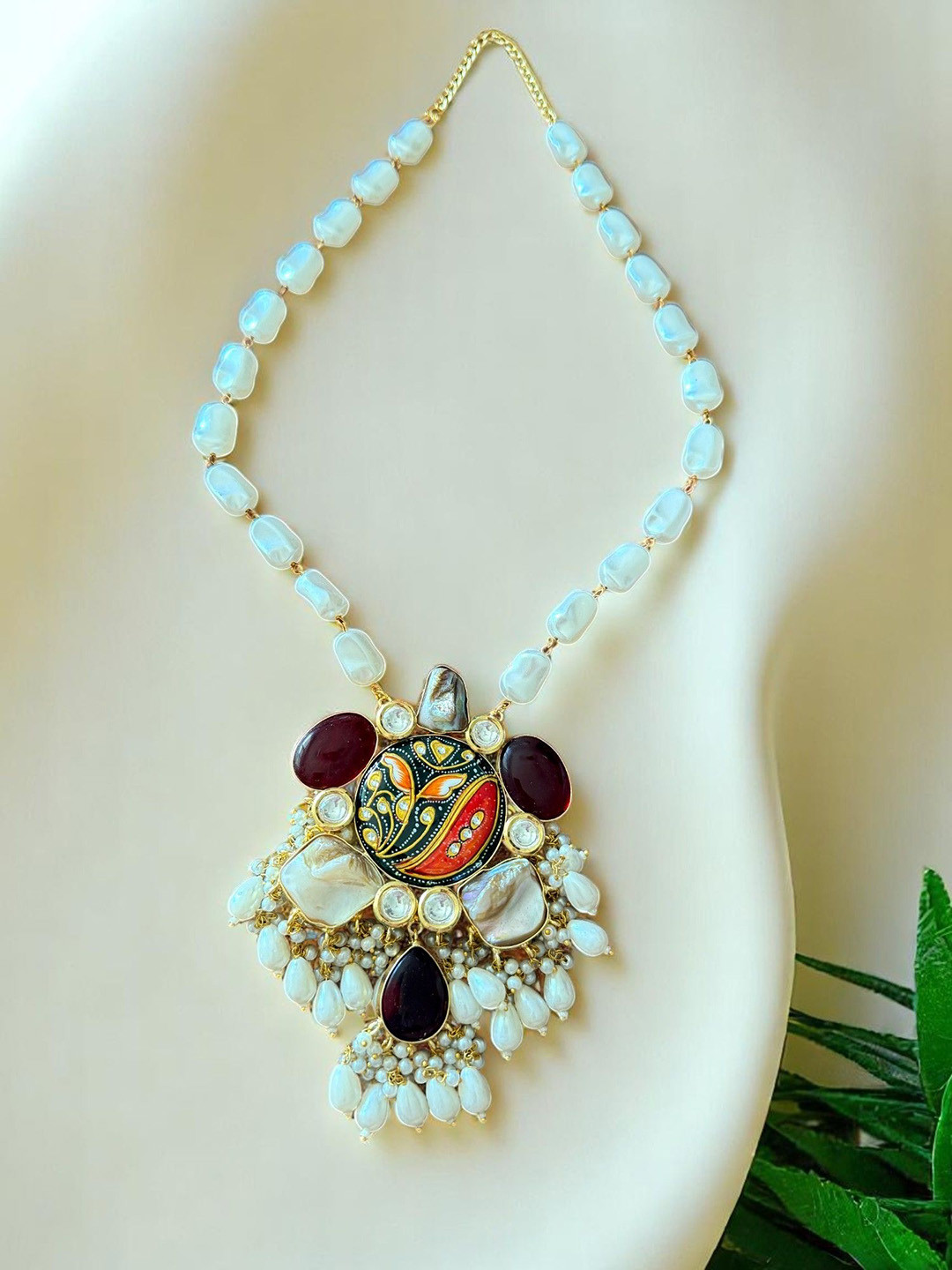 Rebekah Stone-Studded & Beaded Tanjore Pendant Set
