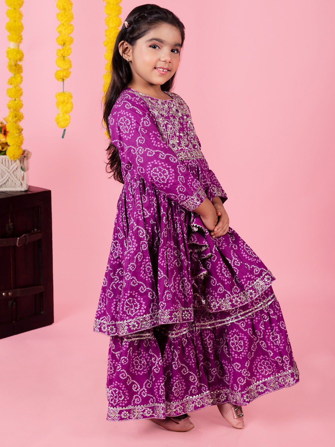 AATYA KIIDS Girls Bandhani Print Pure Cotton Kurti With Sharara