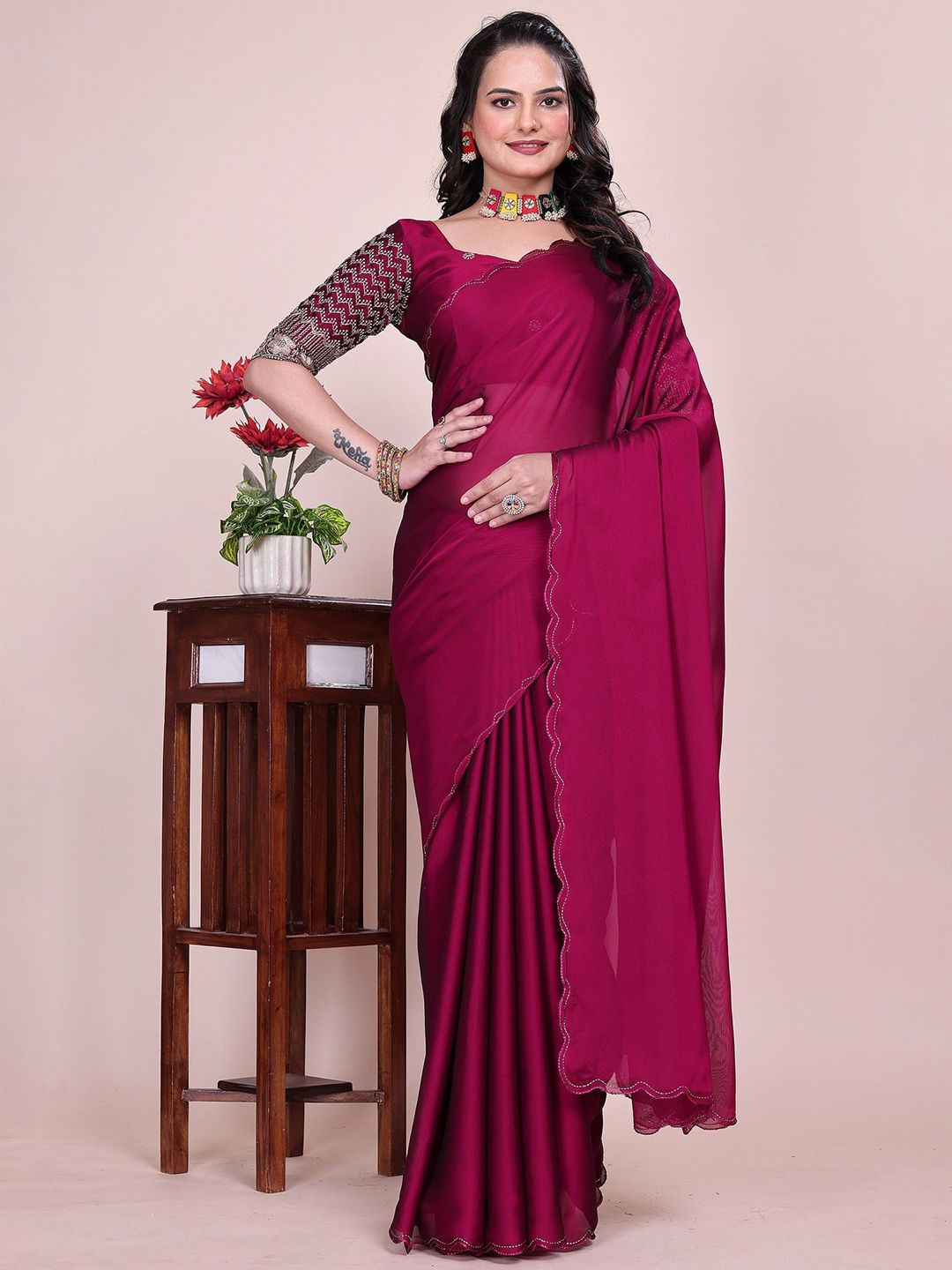 K 5 Fashion Beads and Stones Pure Chiffon Maheshwari Saree
