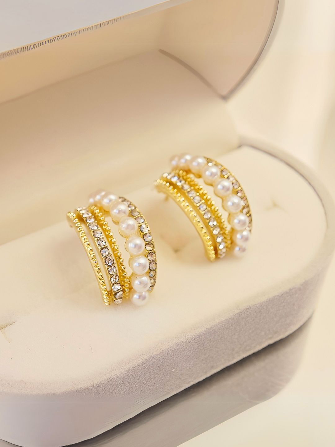 COOLWOOL Korean Gold-Plated Pearls Beaded Contemporary Half Hoop Earring