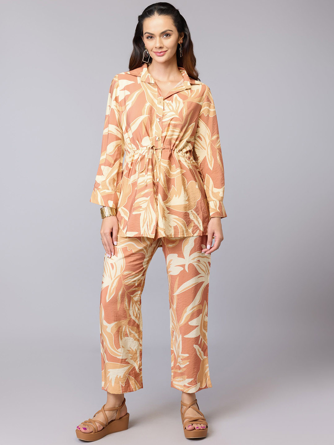 Tamiska By Narendra Kumar Earth Leaf Printed Shirt Collar Neck Shirt With Trousers Co-Ords
