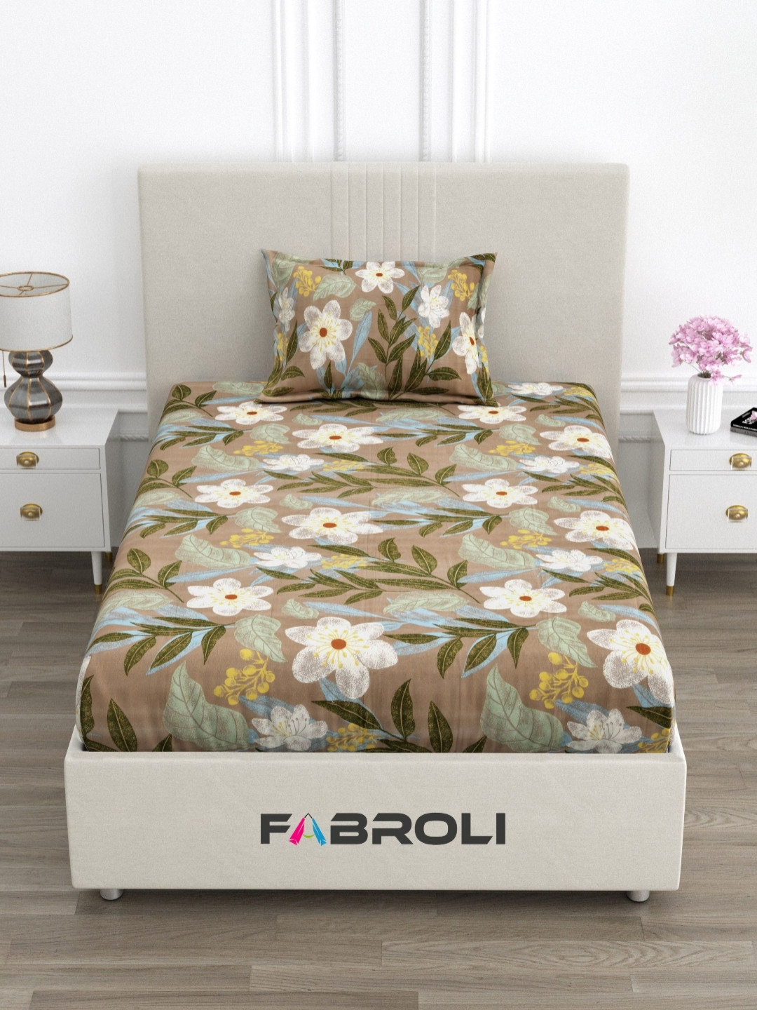 FABROLI Brown Floral Cotton 300 TC Single Superfine Bedsheet with a Pillow Cover-90 x 60 inches