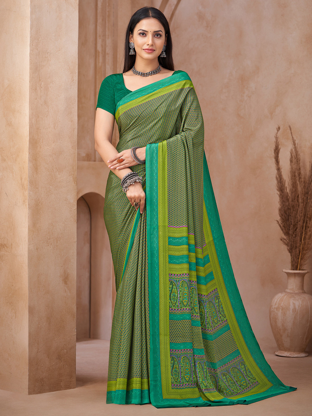 KALINI Green Crepe  Printed Daily Wear Saree