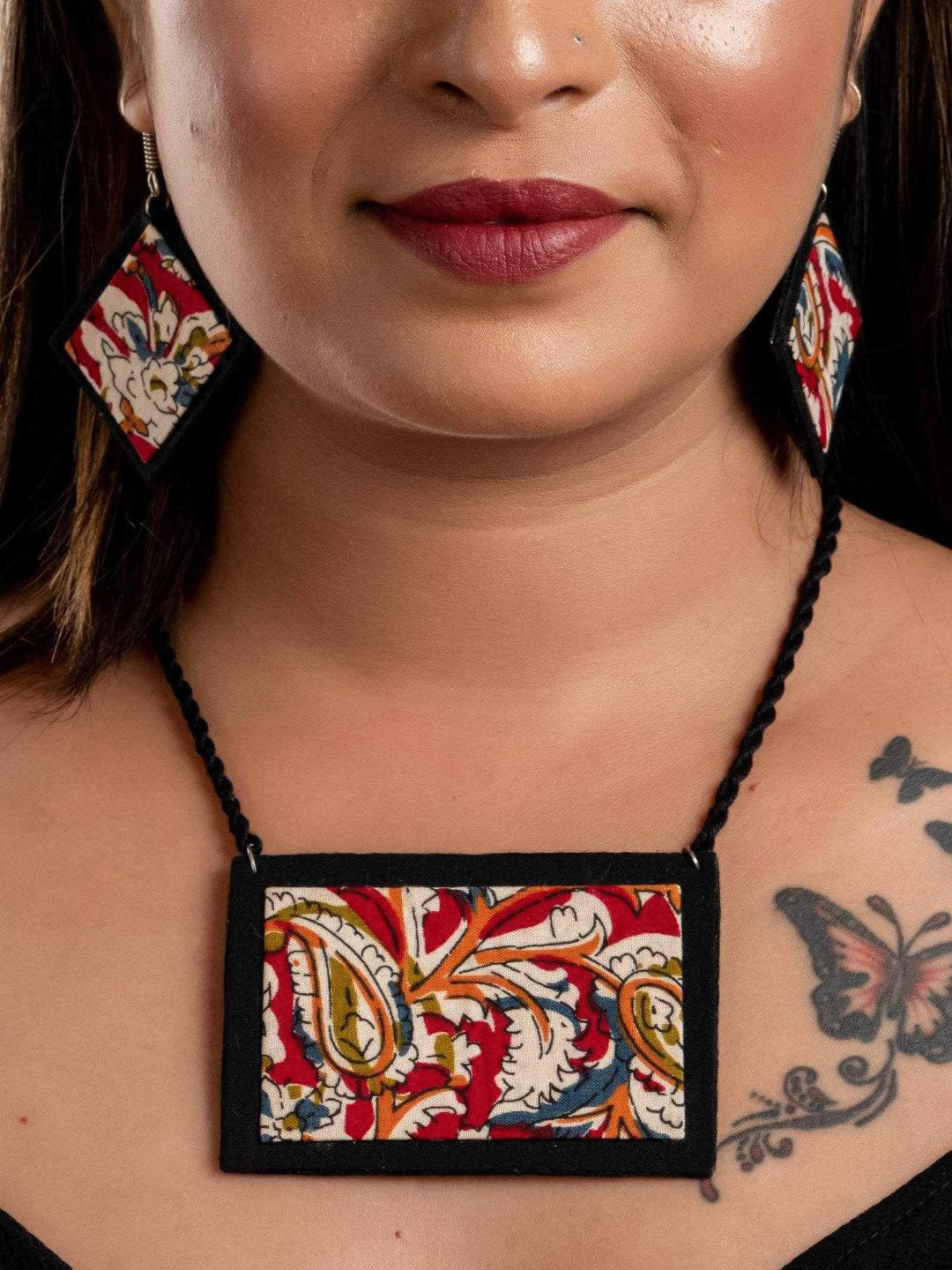 Look and Adorn Red Black Kalamkari Fabric Necklace Set with Earrings