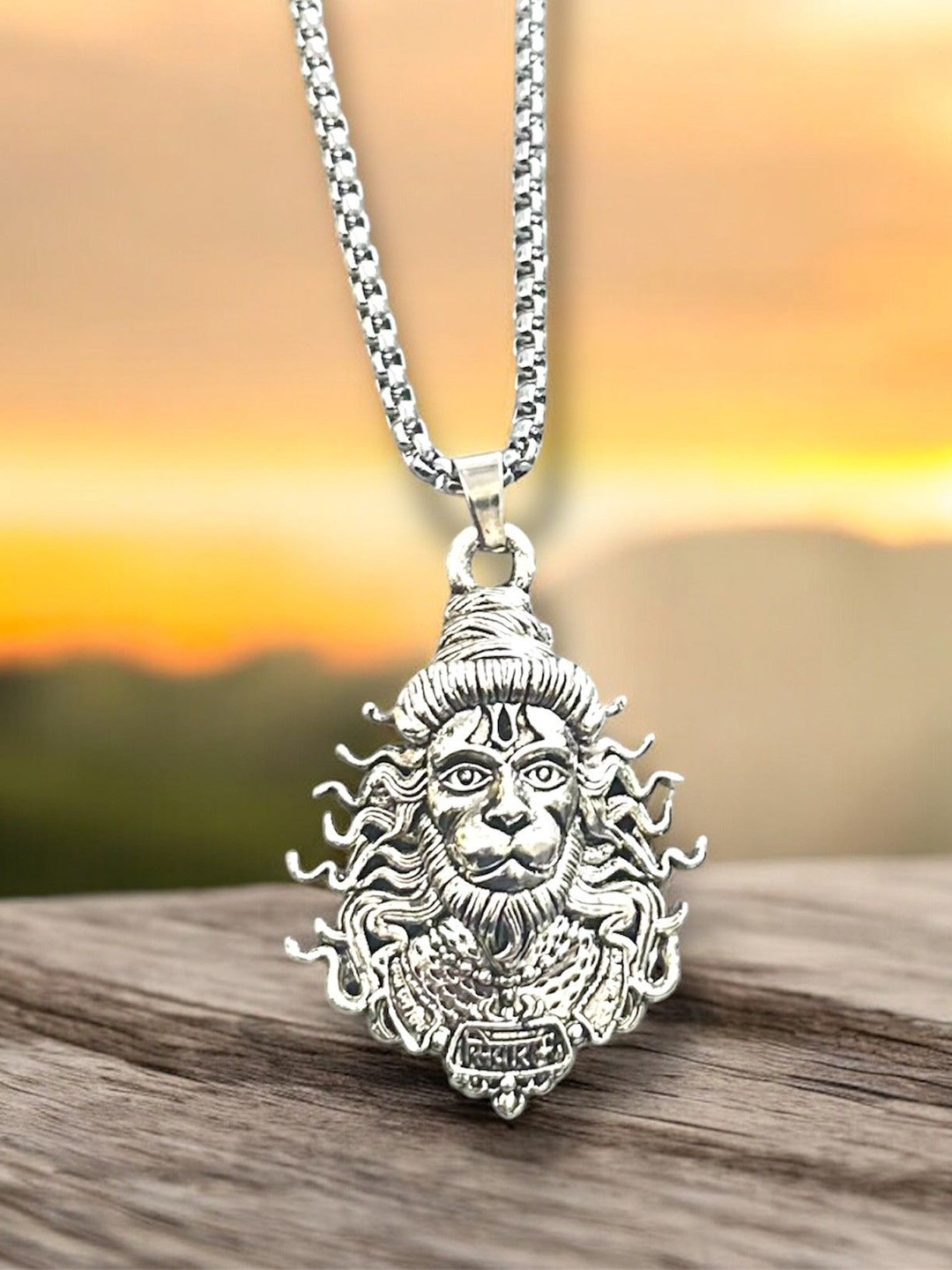 Nitant Men Silver-Plated Hanuman Ji Face Pendant with Chain