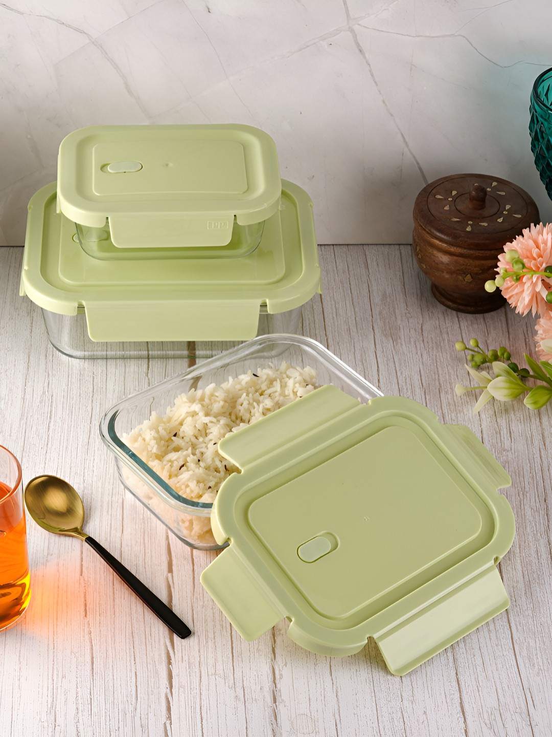 Aura Glass Dishwasher and Microwave Safe 3PCs Lunch Box With Spoon and Fork