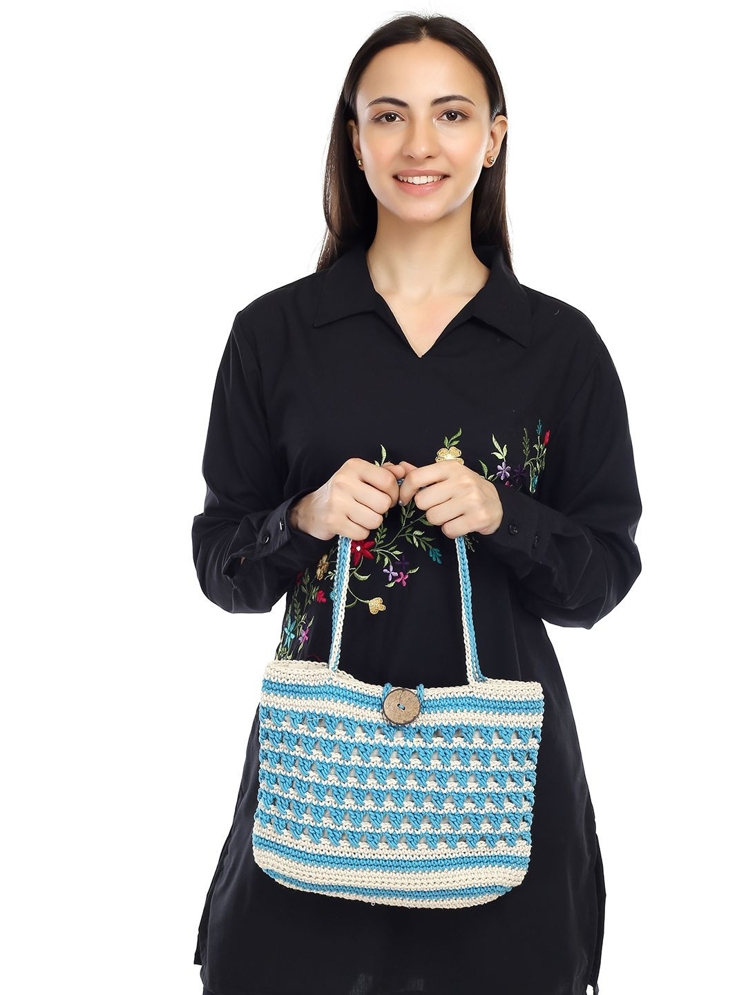 ITIHASIKALA Striped Crochet Structured Cotton Shoulder Bag