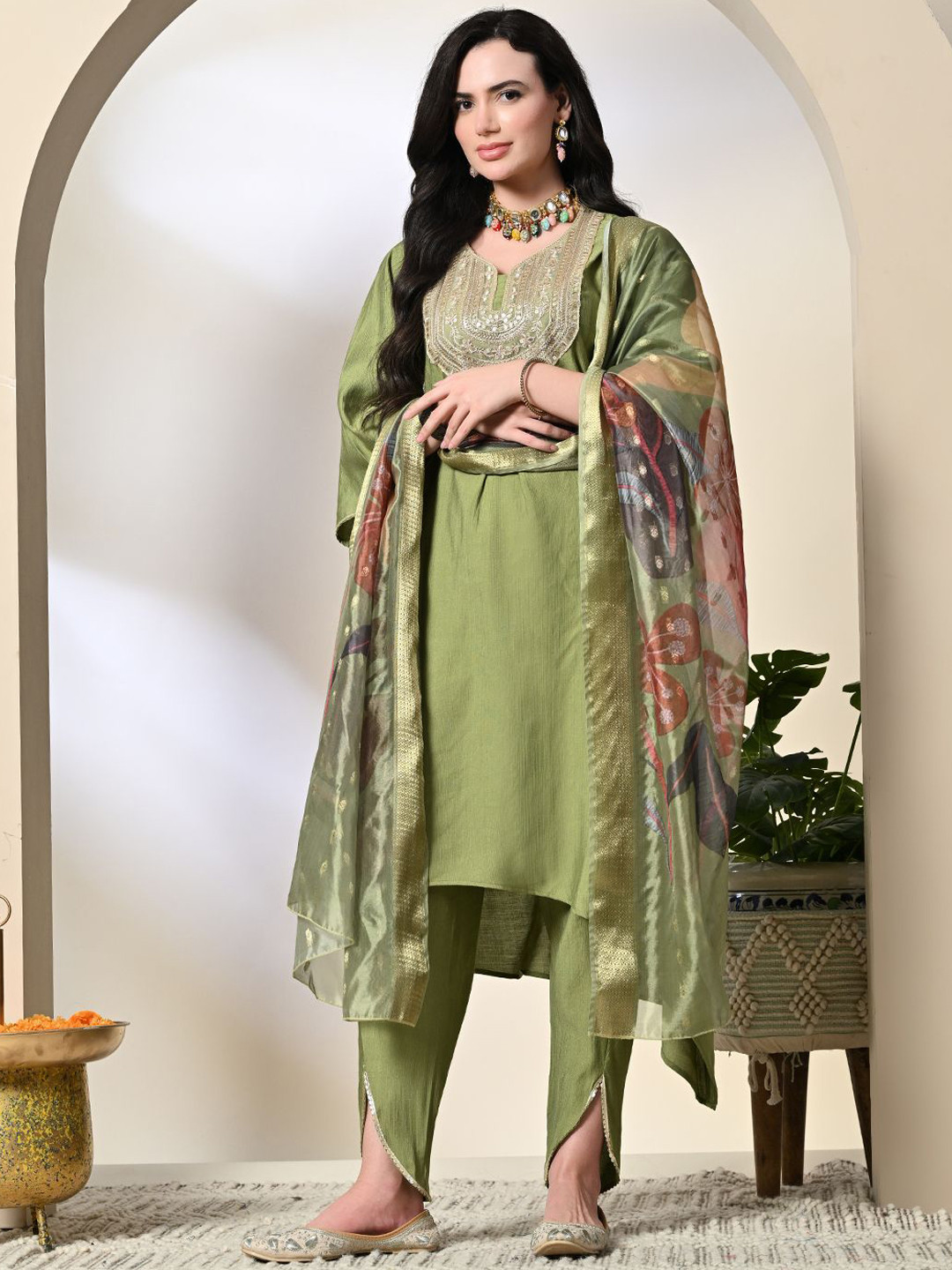 Sangria Women Ethinic Motifs  Sequined A-Line Kurta With Dhoti Pants & Dupatta Set