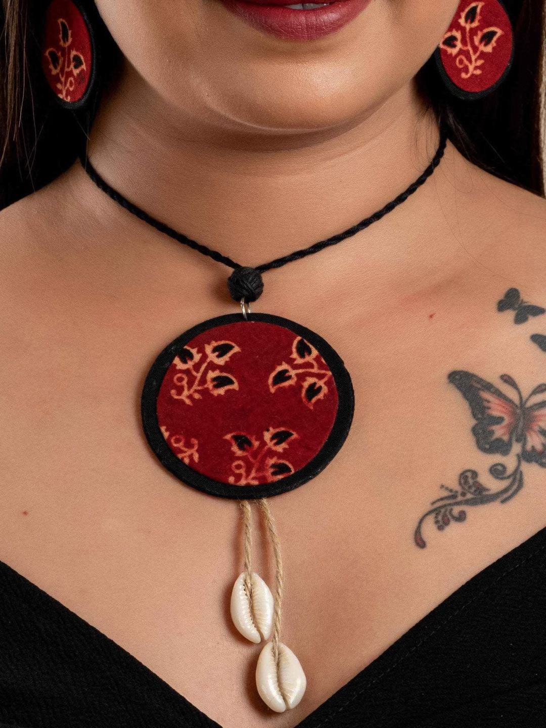 Look and Adorn Fabric Ajrakh Cotton Neckpiece Set with Earrings