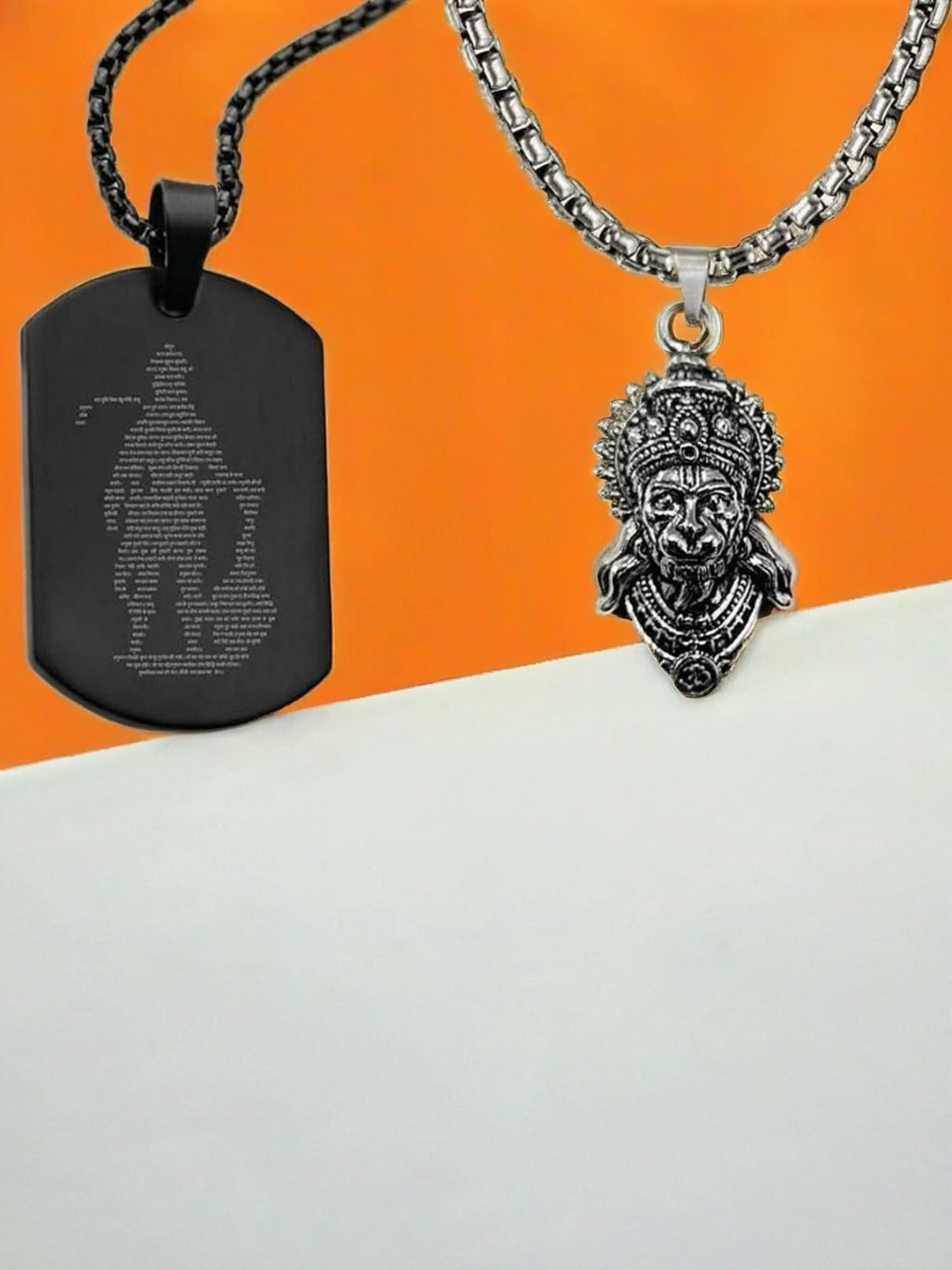 Uniqon Set Of 2 Hanuman Chalisa Printed With Gada Plate And Face Pendants with Chains