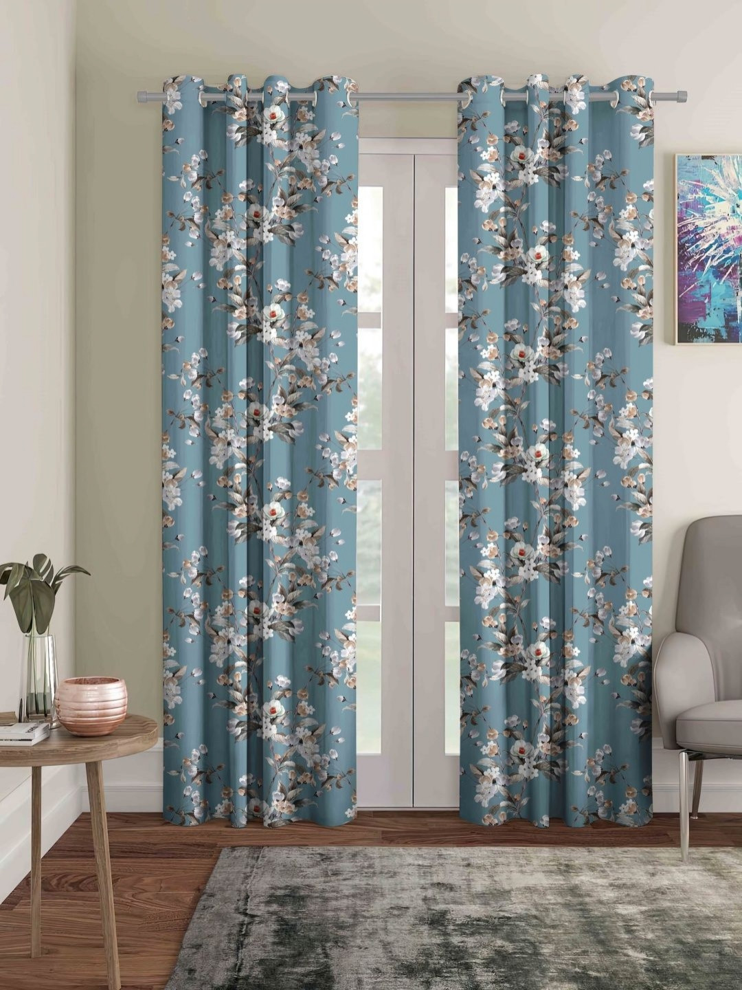 Myntra Elegant Homes Teal & Grey 2 Pieces Floral Printed Black Out Door Curtain