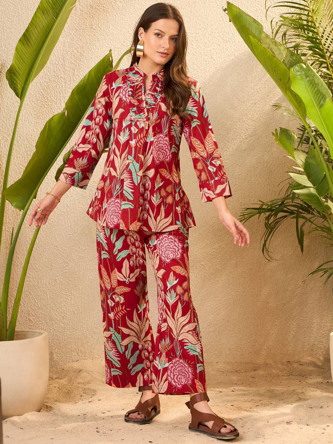 IMANA Printed Mandarin Collar Tunic Top With Palazzos Co-Ords