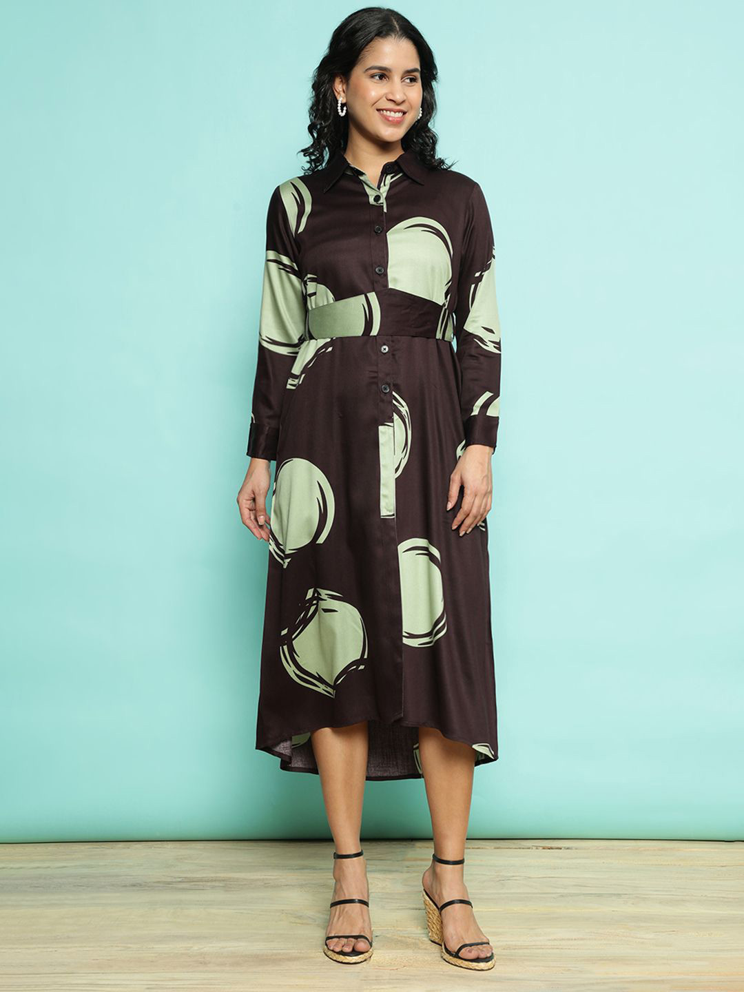 AC&F Women Shirt Collar Floral Printed Cotton Fit & Flare Maxi Dress