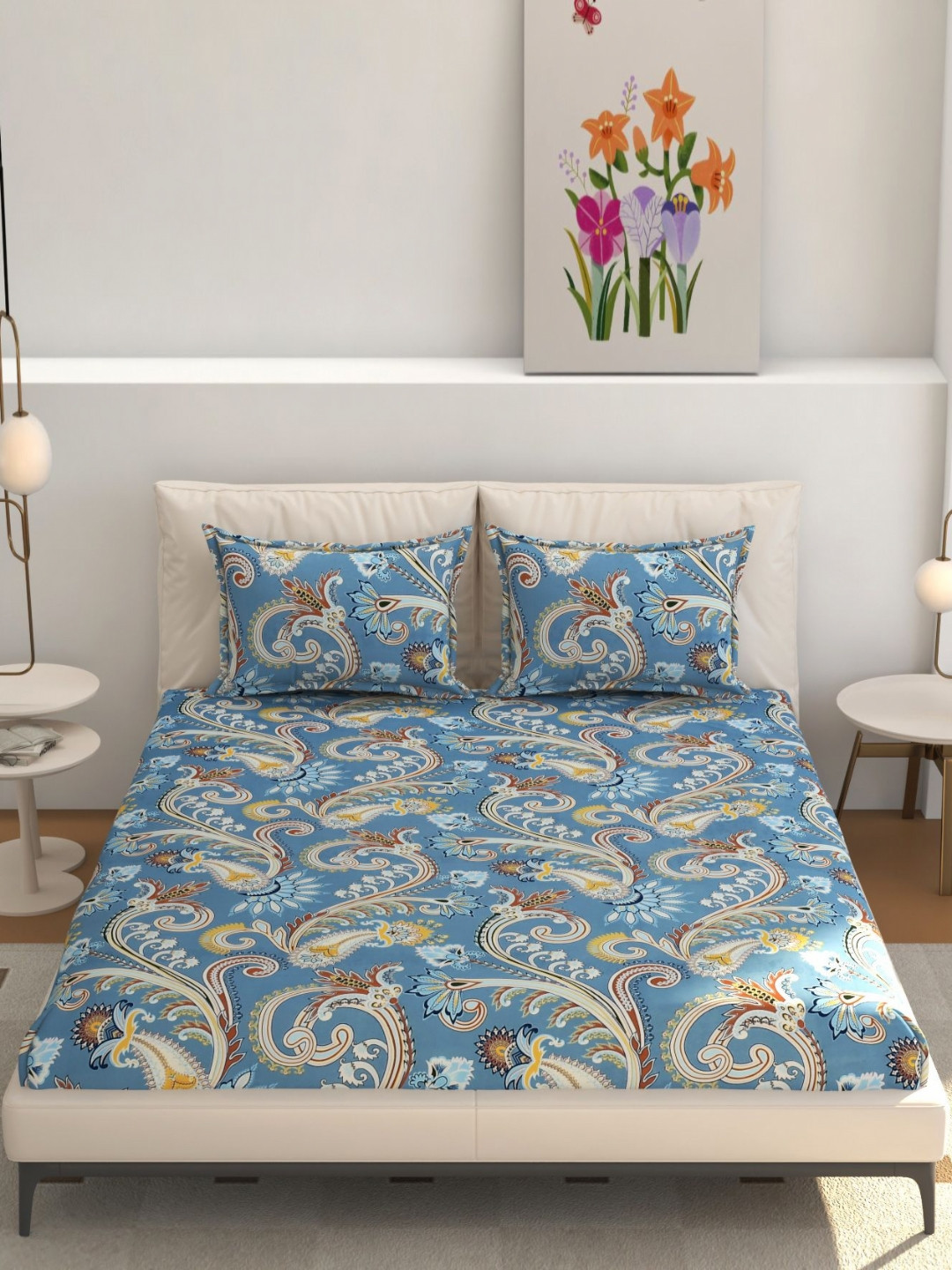 MOGNE FAB Blue Floral Cotton 210 TC Fitted King Bedsheet with 2 Pillow Covers-90 x 100 inches