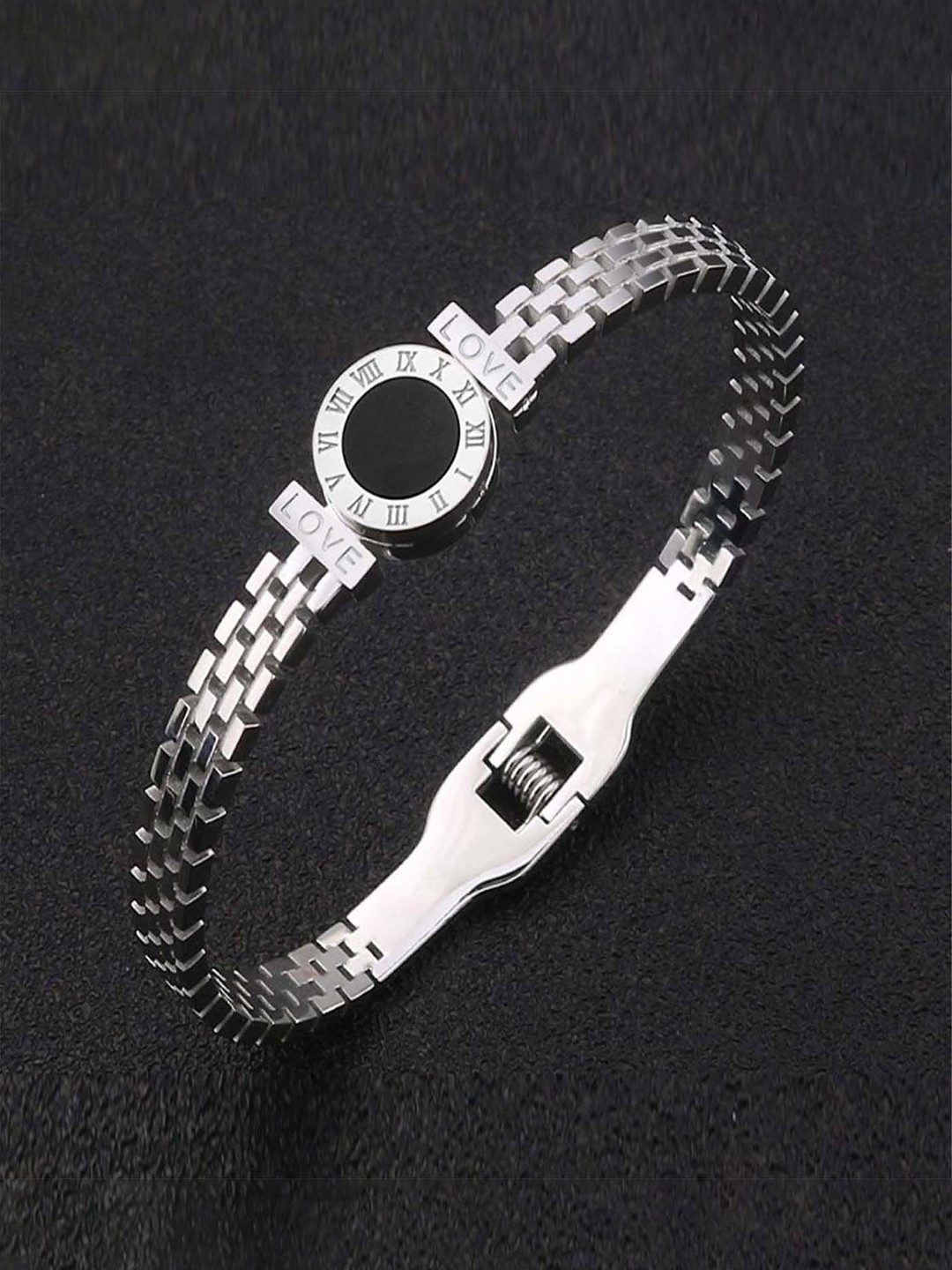 VAMA Women Silver-Plated Stainless Steel Roman Numerals Bangle-Style Bracelet