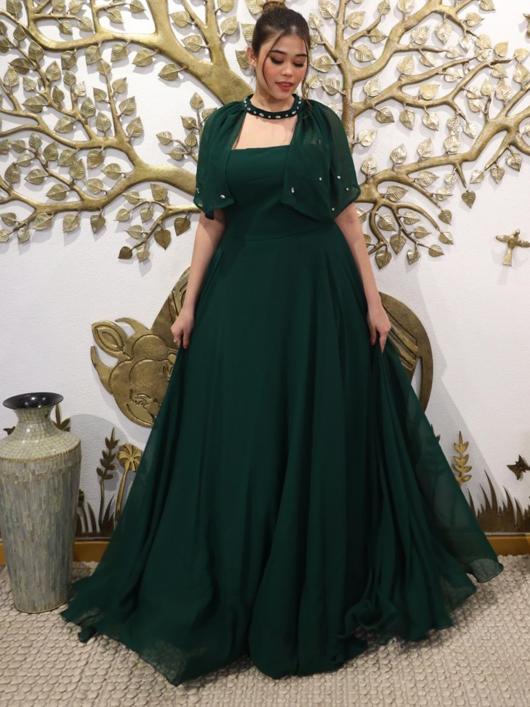 Swadeshi Shringaar Forest Fantasy Georgette Dress With Cape