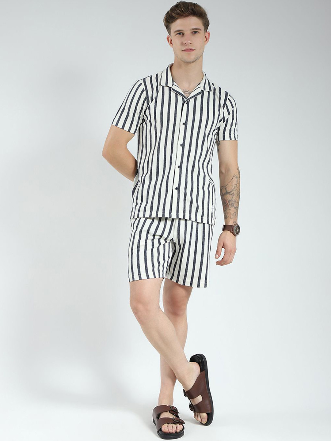 Monte Carlo Striped Pure Cotton Collared Shirt & Shorts Co-Ord Set