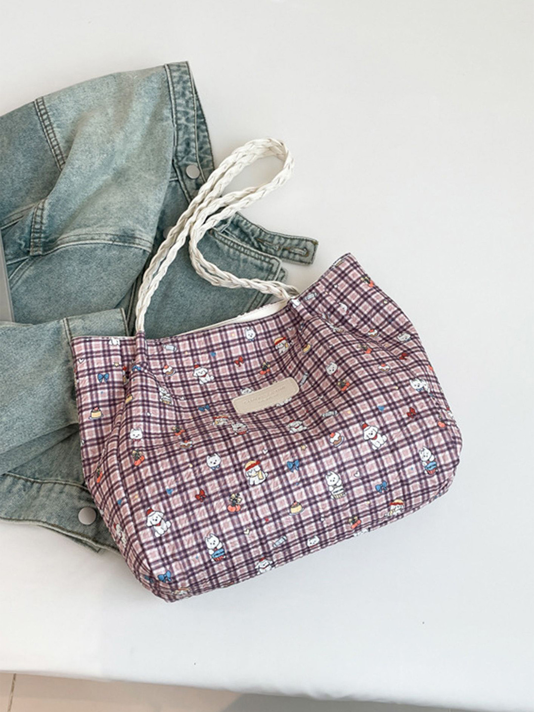 LULU & SKY Checked PU Bucket Applique Handheld Bag