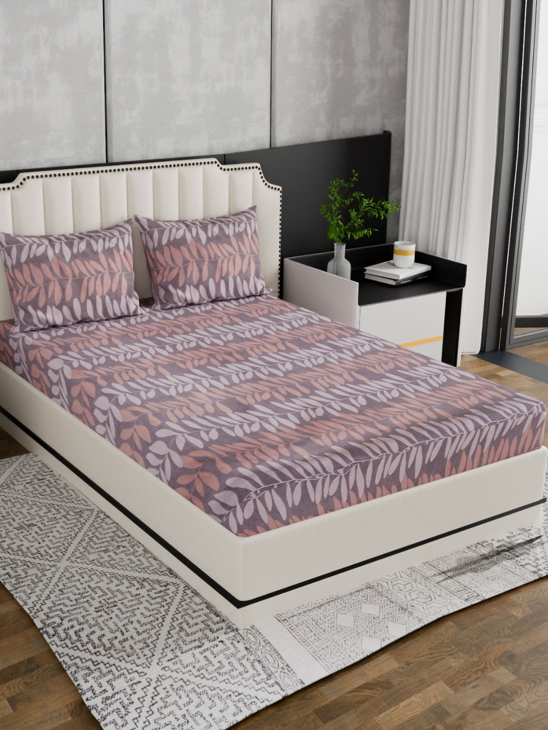 Nivasam Spade Mauve Leaf Polycotton 186 TC Fitted King Fine Bedsheet with 2 Pillow Covers-198 x 182 cm