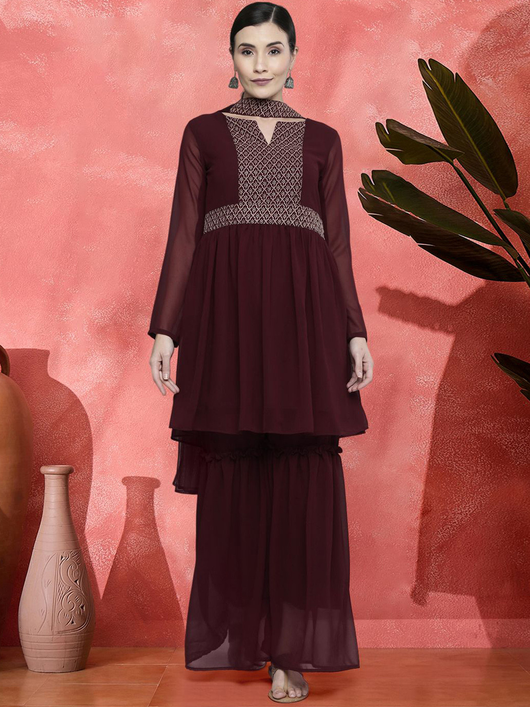 Sangrias Floral Yoke Design Empire Silk Georgette A-Line Kurta With Sharara & Dupatta