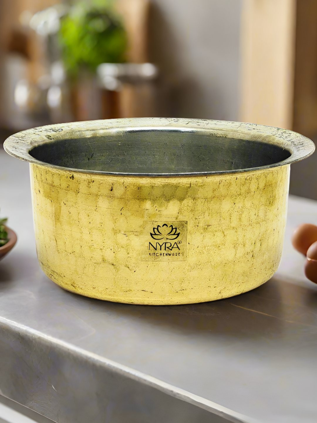 Nyra Kitchenware Bronze-Toned Textured Dishwasher Safe Brass Cooking Pot-3.5 L
