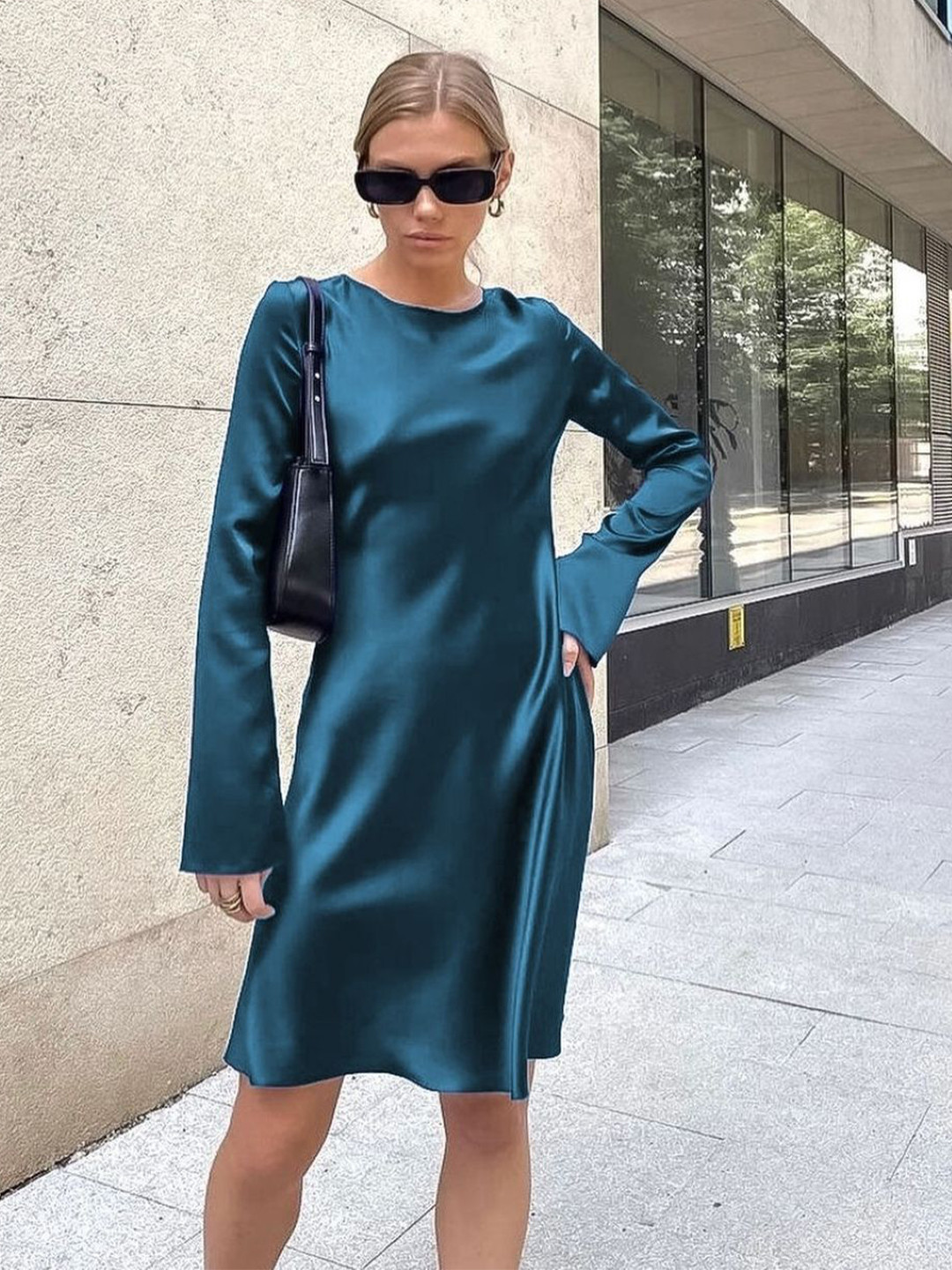 bebe Teal Boat Neck Flared Sleeves A-Line Mini Dress