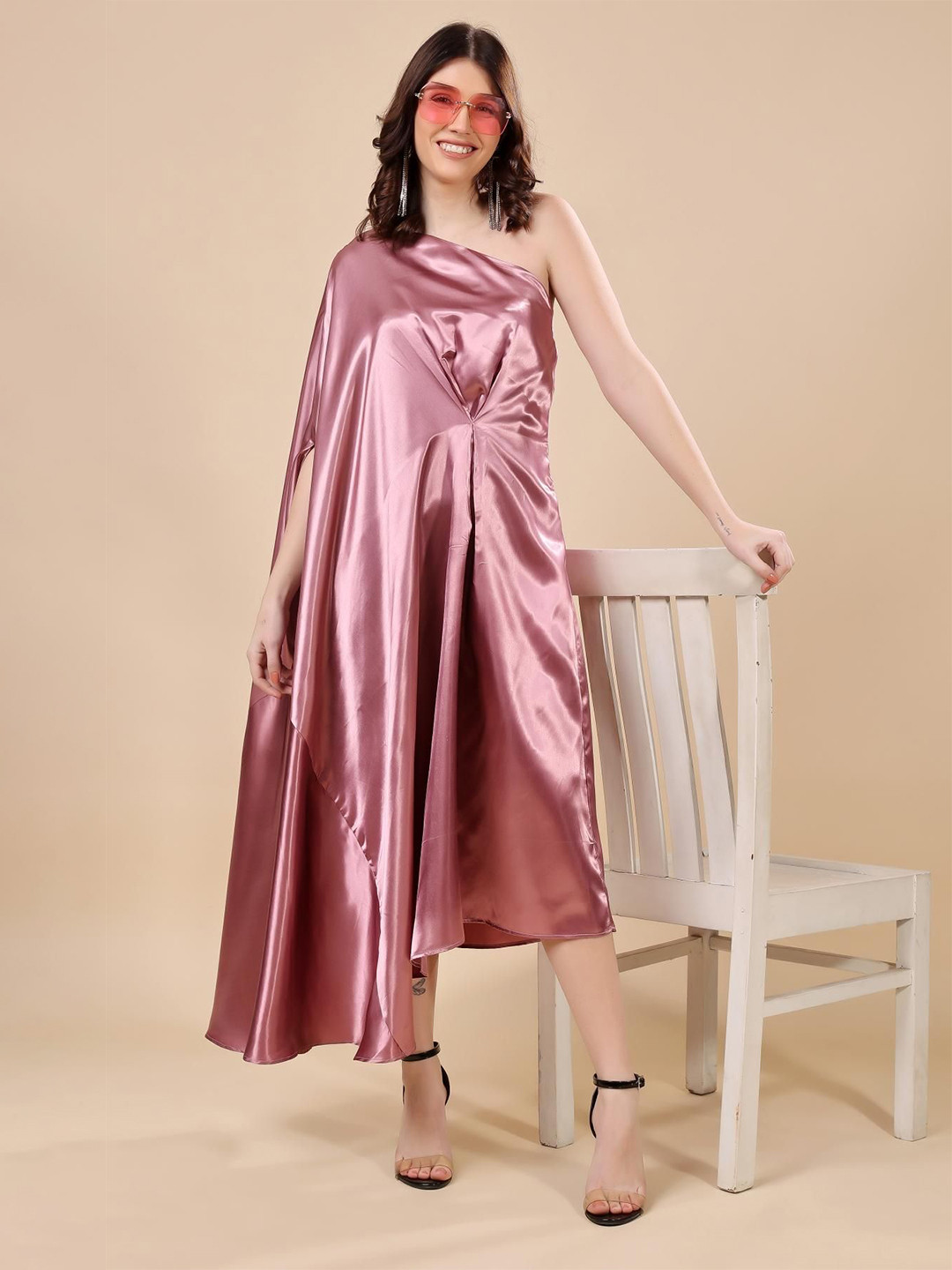 MODA-Q One Shoulder Kimono Sleeves Kaftan Midi Dress