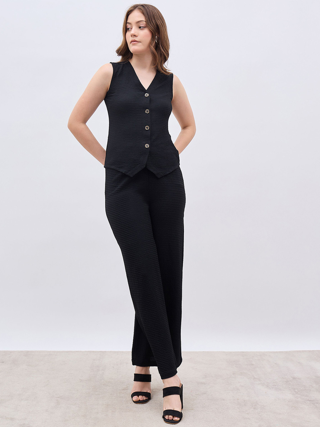 Styli Women Textured Knit Waistcoat with Wide Leg Trousers