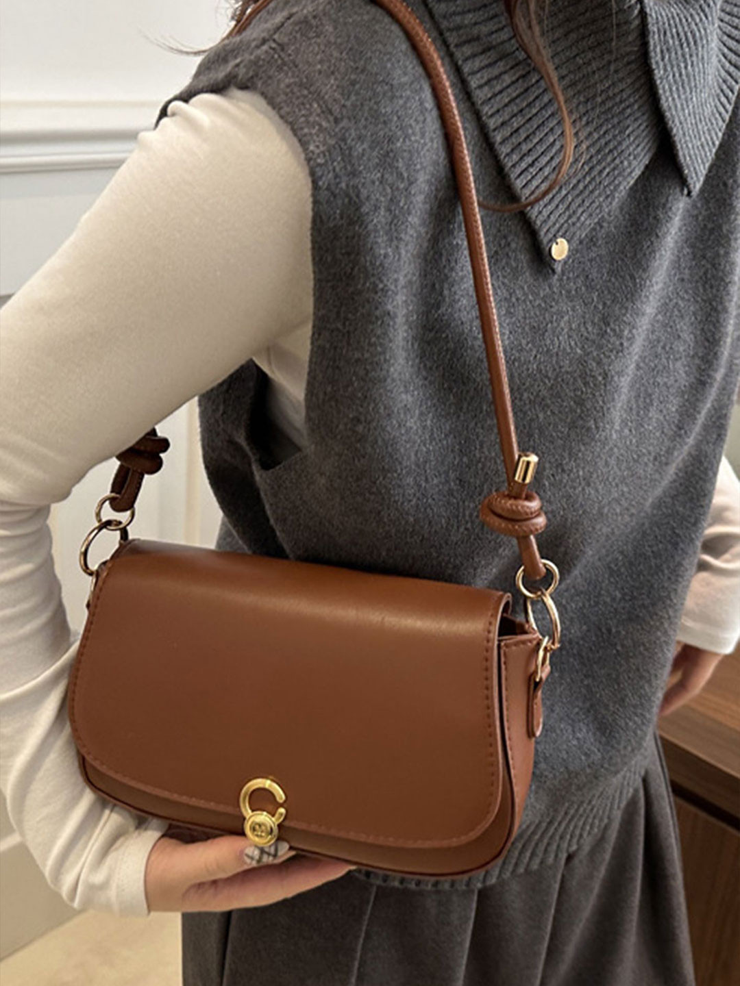 LULU & SKY PU Baguette Shoulder Bag With Front Flap Snap Lock