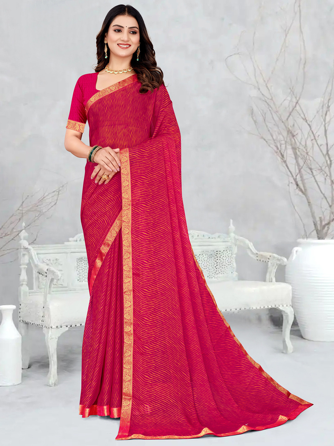 KALINI Pink Chiffon  Printed Daily Wear Saree