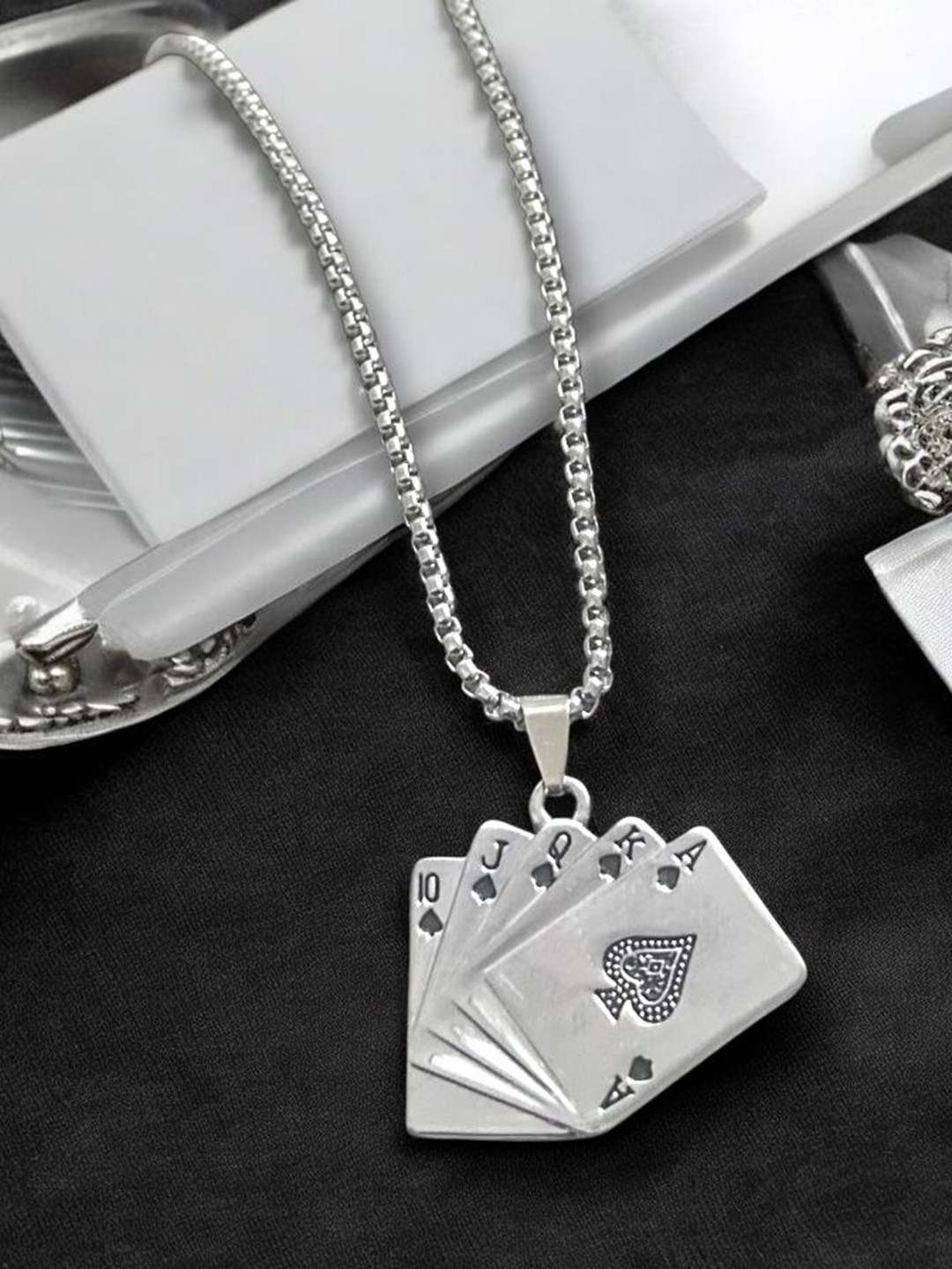 Nitant Men Silver-Plated Cardsdeck Inspired Pendant with Chain